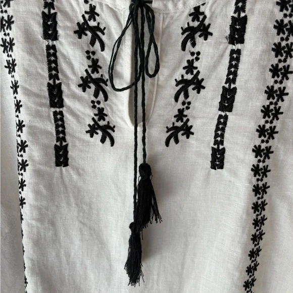 Boho White Linen Peasant Top with Black Intricate Embroidery - Picture 12 of 16